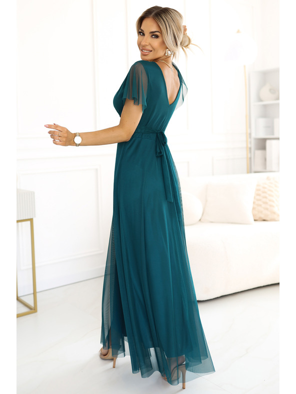 numoco 562-4 NASTIA Dlhé šaty s výstrihom a krátkym rukávom - zelené