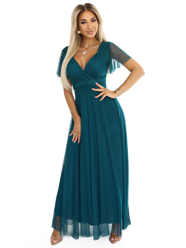 numoco 562-4 NASTIA Dlhé šaty s výstrihom a krátkym rukávom - zelené