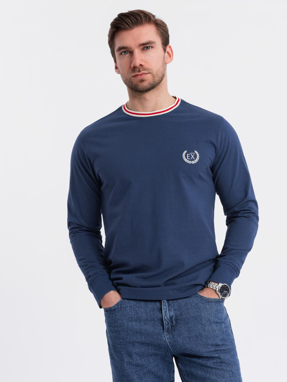 Ombre Clothing Pánske bavlnené tričko s dlhým rukávom, pruhovaným výstrihom do U a výšivkou Ombre Clothing