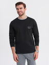 Ombre Clothing Pánske bavlnené tričko s dlhým rukávom, pruhovaným výstrihom do U a výšivkou Ombre Clothing