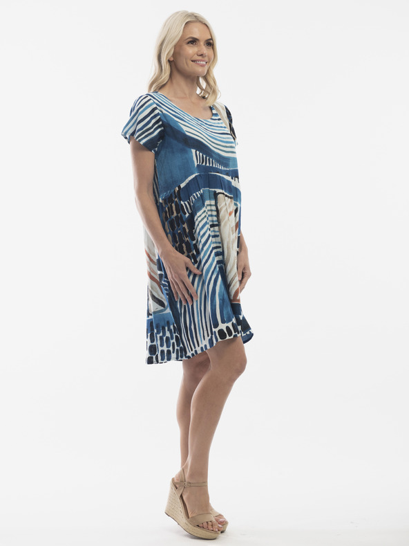 Orientique Modré dámske vzorované šaty s prímesou ľanu Orientique
