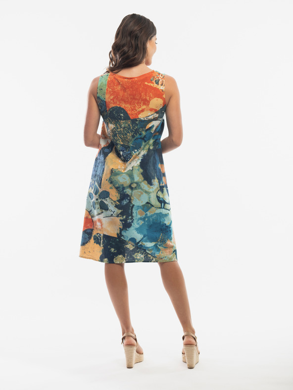 Orientique Oranžovo-tmavo modré dámske ľanové vzorované šaty Orientique