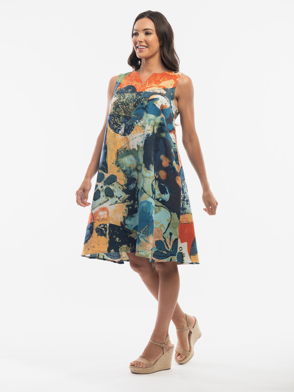 Orientique Oranžovo-tmavo modré dámske ľanové vzorované šaty Orientique