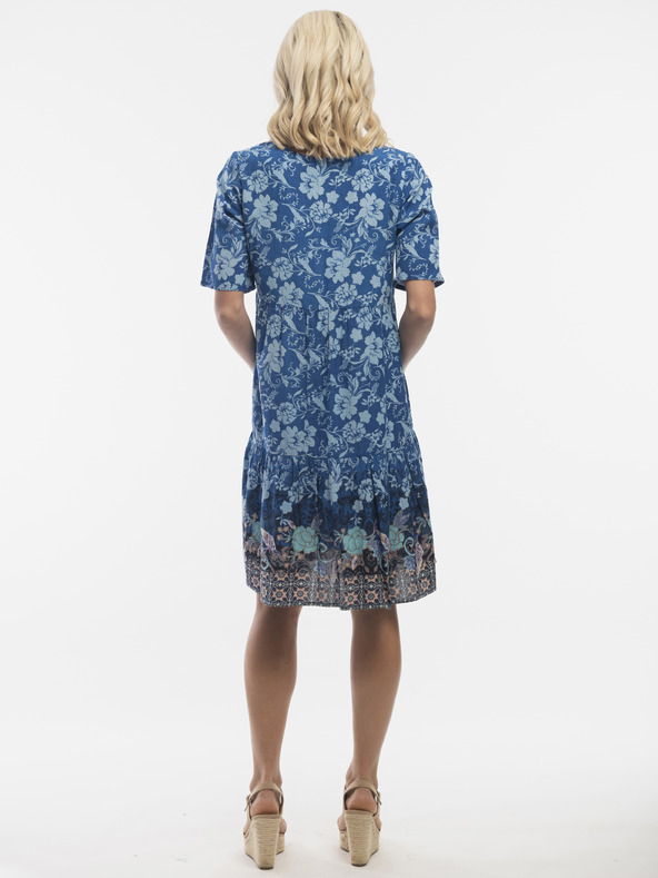 Orientique Modré dámske vzorované šaty s prímesou ľanu Orientique