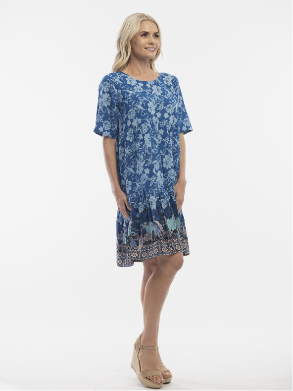Orientique Modré dámske vzorované šaty s prímesou ľanu Orientique