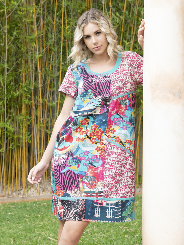 Orientique Modro-ružové dámske vzorované šaty Orientique Onikawa