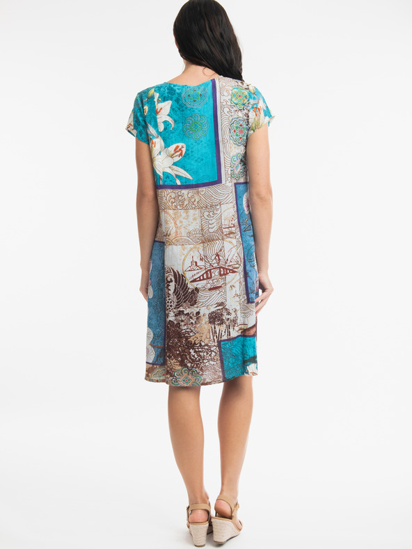 Orientique Hnedo-modré dámske vzorované šaty s prímesou ľanu Orientique Leonardo