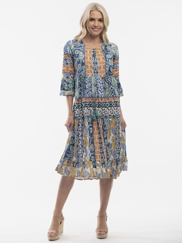 Orientique Oranžovo-modré dámske vzorované šaty Orientique