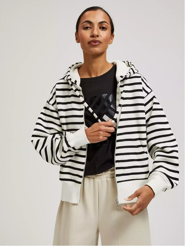 Moodo Čierno-biela pruhovaná mikina so zipsom a kapucňou Moodo